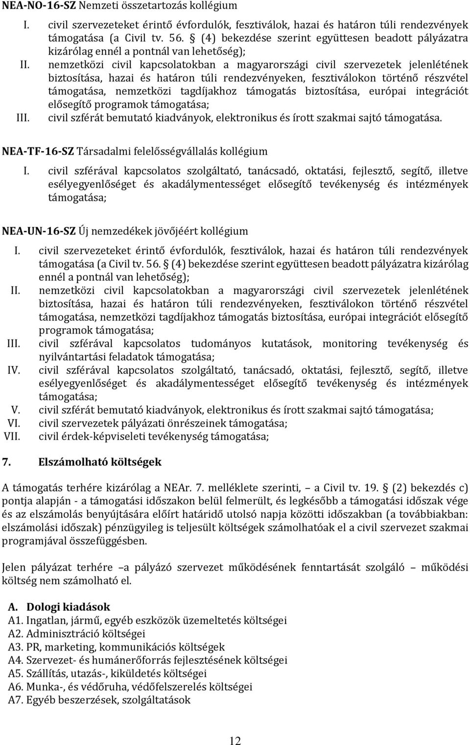 nemzetközi civil kapcsolatokban a magyarországi civil szervezetek jelenlétének biztosítása, hazai és határon túli rendezvényeken, fesztiválokon történő részvétel támogatása, nemzetközi tagdíjakhoz