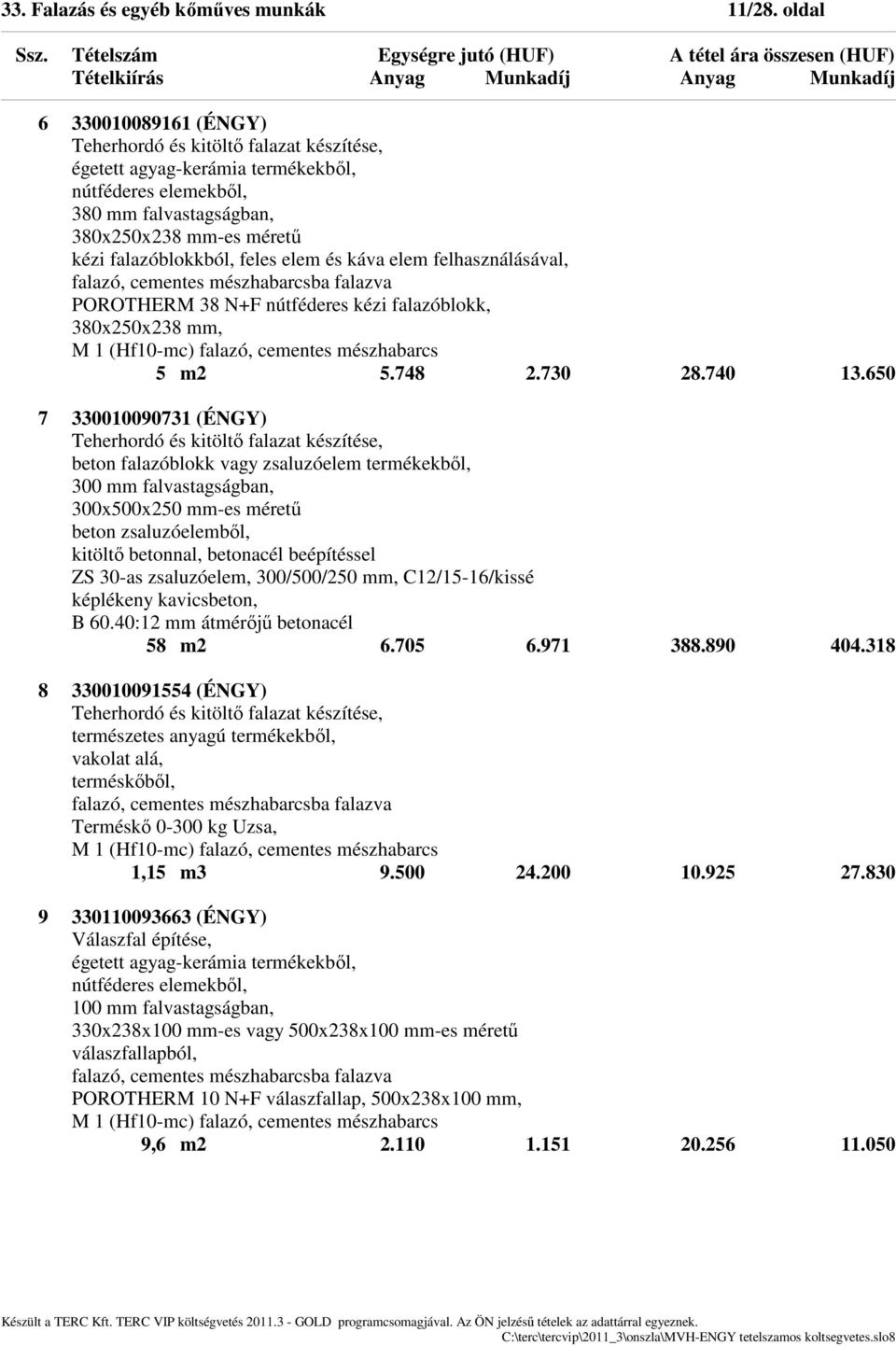 feles elem és káva elem felhasználásával, falazó, cementes mészhabarcsba falazva POROTHERM 38 N+F nútféderes kézi falazóblokk, 380x250x238 mm, M 1 (Hf10-mc) falazó, cementes mészhabarcs 5 m2 5.748 2.