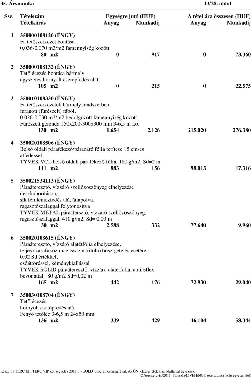 575 3 350010108330 (ÉNGY) Fa tetőszerkezetek bármely rendszerben faragott (fűrészelt) fából, 0,026-0,030 m3/m2 bedolgozott famennyiség között Fűrészelt gerenda 150x200-300x300 mm 3-6.5 m I.o. 130 m2 1.