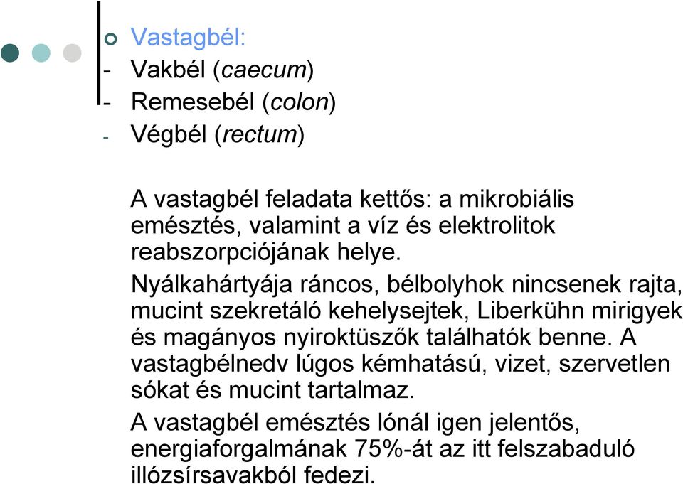 Nyálkahártyája ráncos, bélbolyhok nincsenek rajta, mucint szekretáló kehelysejtek, Liberkühn mirigyek és magányos nyiroktüszők