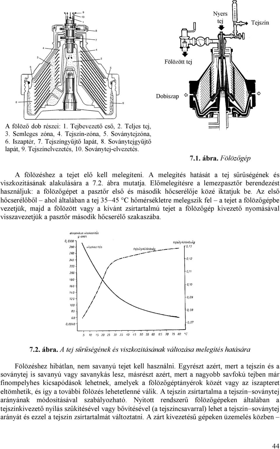 A melegítés hatását a tej sűrűségének és viszkozitásának alakulására a 7.2. ábra mutatja.