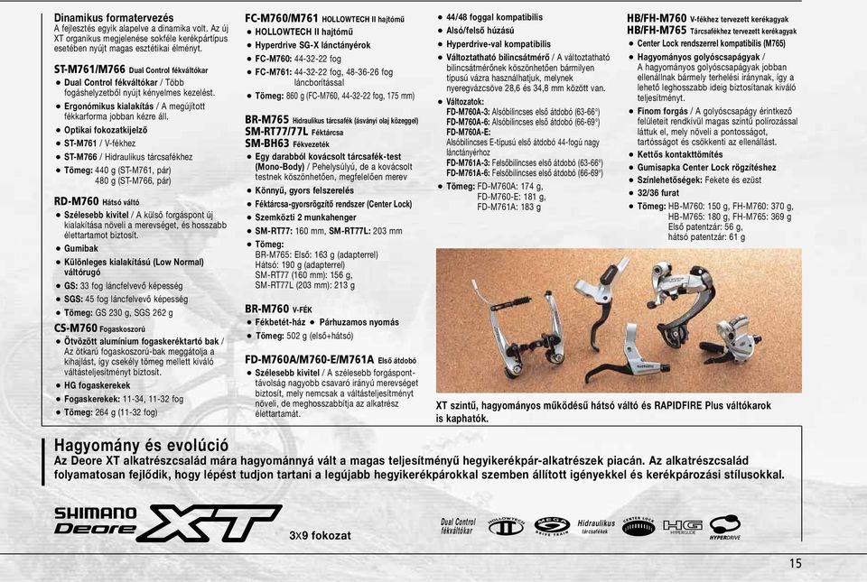 O Optikai fokozatkijelző O ST-M761 / V-fékhez O ST-M766 / Hidraulikus tárcsafékhez O Tömeg: 440 g (ST-M761, pár) 480 g (ST-M766, pár) RD-M760 Hátsó váltó O Szélesebb kivitel / A külső forgáspont új