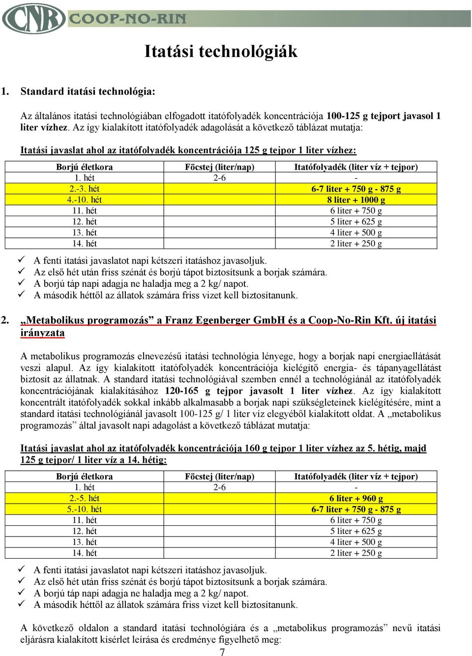 Itatófolyadék (liter víz + tejpor) 1. hét 2-6 - 2.-3. hét 6-7 liter + 750 g - 875 g 4.-10. hét 8 liter + 1000 g 11. hét 6 liter + 750 g 12. hét 5 liter + 625 g 13. hét 4 liter + 500 g 14.