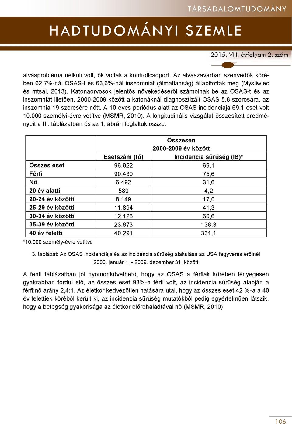 A 10 éves periódus alatt az OSAS incidenciája 69,1 eset volt 10.000 személyi-évre vetítve (MSMR, 2010). A longitudinális vizsgálat összesített eredményeit a III. táblázatban és az 1.