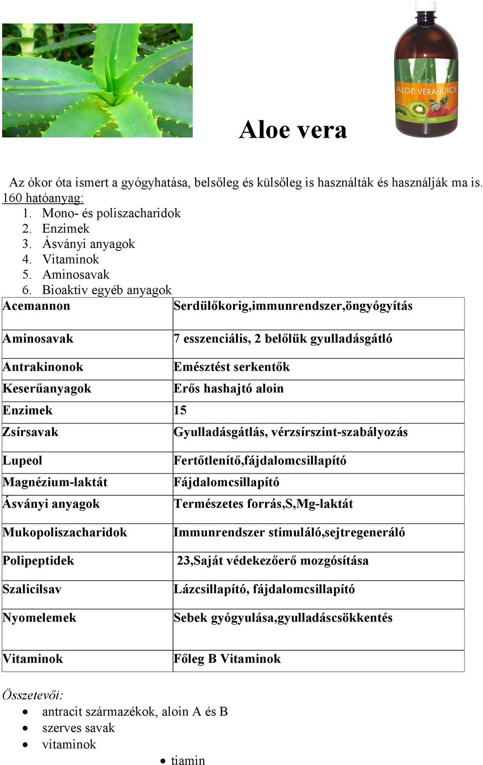 Bioaktív egyéb anyagok Acemannon Serdülıkorig,immunrendszer,öngyógyítás Aminosavak 7 esszenciális, 2 belılük gyulladásgátló Antrakinonok Emésztést serkentık Keserőanyagok Erıs hashajtó aloin Enzimek