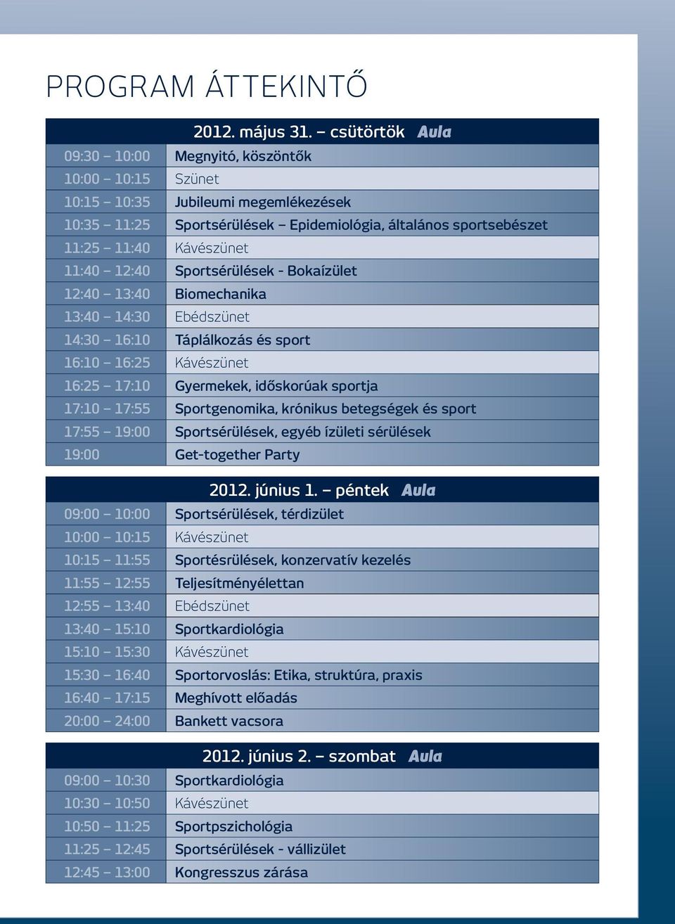 Sportsérülések - Bokaízület 2:40 3:40 Biomechanika 3:40 4:30 Ebédszünet 4:30 6:0 Táplálkozás és sport 6:0 6:25 Kávészünet 6:25 7:0 Gyermekek, időskorúak sportja 7:0 7:55 Sportgenomika, krónikus