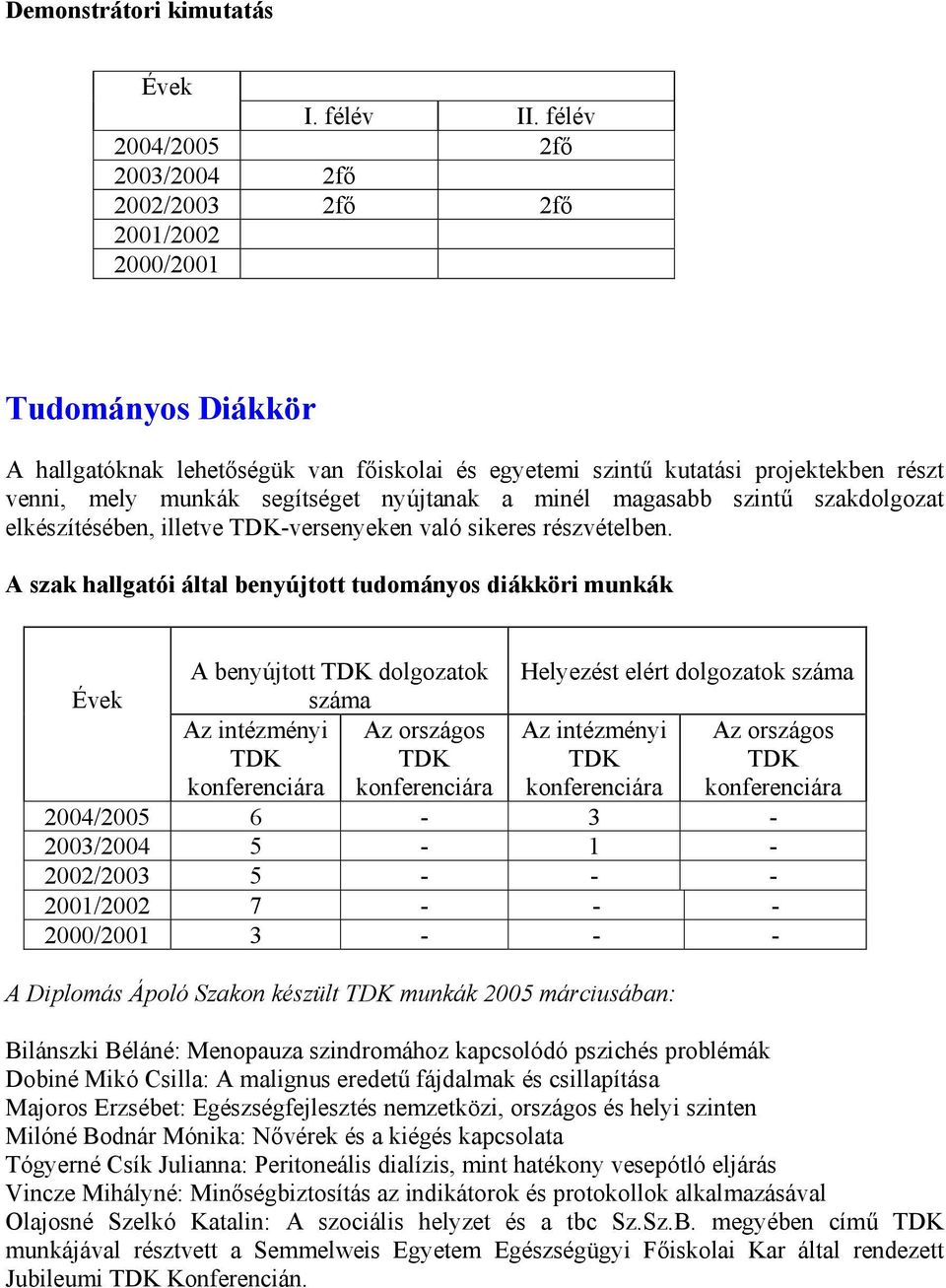 segítséget nyújtanak a minél magasabb szintű szakdolgozat elkészítésében, illetve TDK-versenyeken való sikeres részvételben.