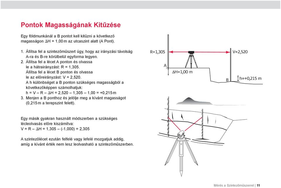 Állítsa fel a lécet A ponton és olvassa le a hátrairányzást: R = 1,305. Állítsa fel a lécet B ponton és olvassa le az előreirányzást: V = 2,520.