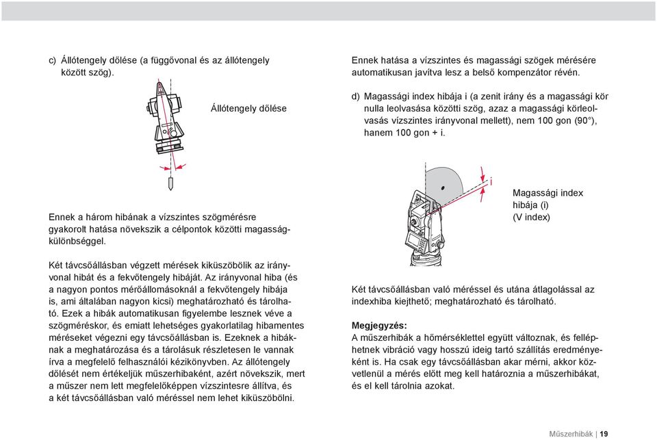 Ennek a három hibának a vízszintes szögmérésre gyakorolt hatása növekszik a célpontok közötti magasságkülönbséggel.