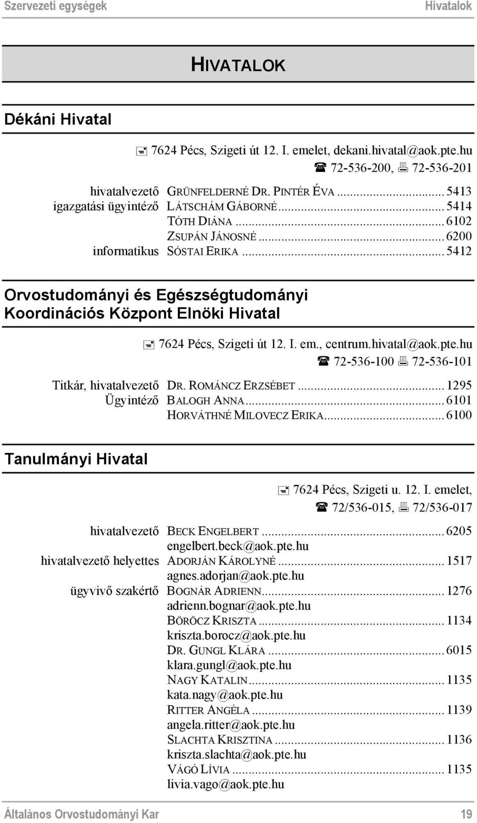 ..5412 Orvostudományi és Egészségtudományi Koordinációs Központ Elnöki Hivatal 7624 Pécs, Szigeti út 12. I. em., centrum.hivatal@aok.pte.hu 72-536-100 72-536-101 Titkár, hivatalvezető DR.