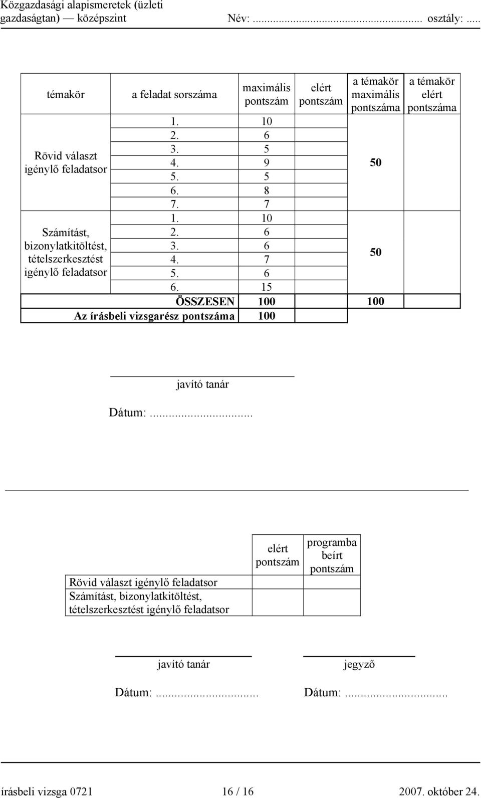 6 3. 5 4. 9 5. 5 6. 8 7. 7 1. 10 2. 6 3. 6 4. 7 5. 6 elért pontszám a témakör maximális pontszáma 6.