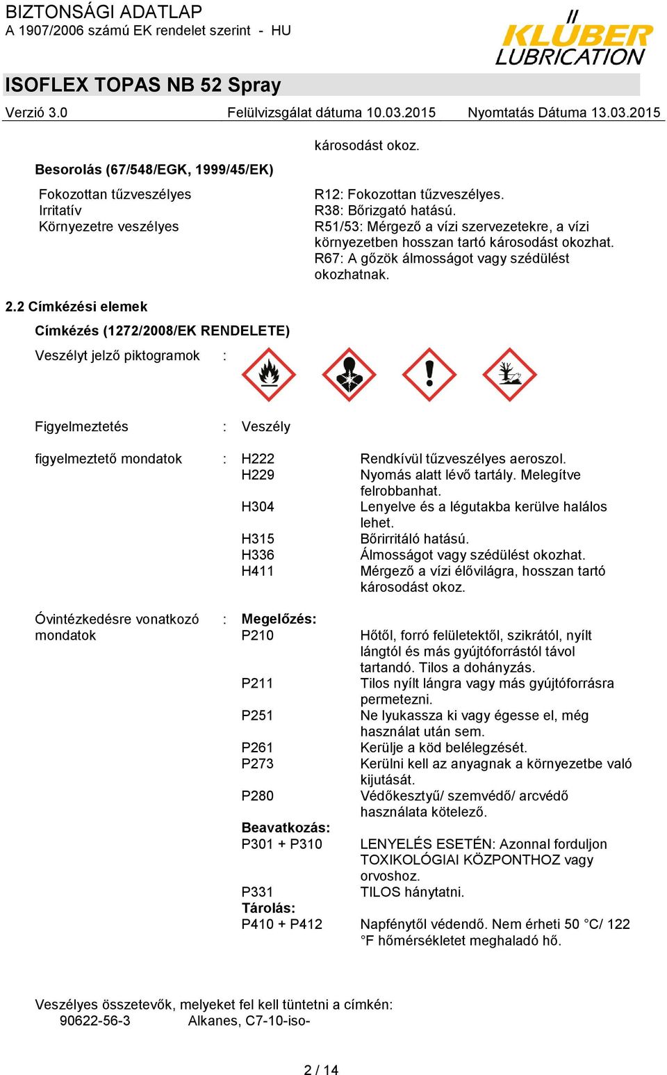 2 Címkézési elemek Címkézés (1272/2008/EK RENDELETE) Veszélyt jelző piktogramok : Figyelmeztetés : Veszély figyelmeztető mondatok : H222 Rendkívül tűzveszélyes aeroszol.