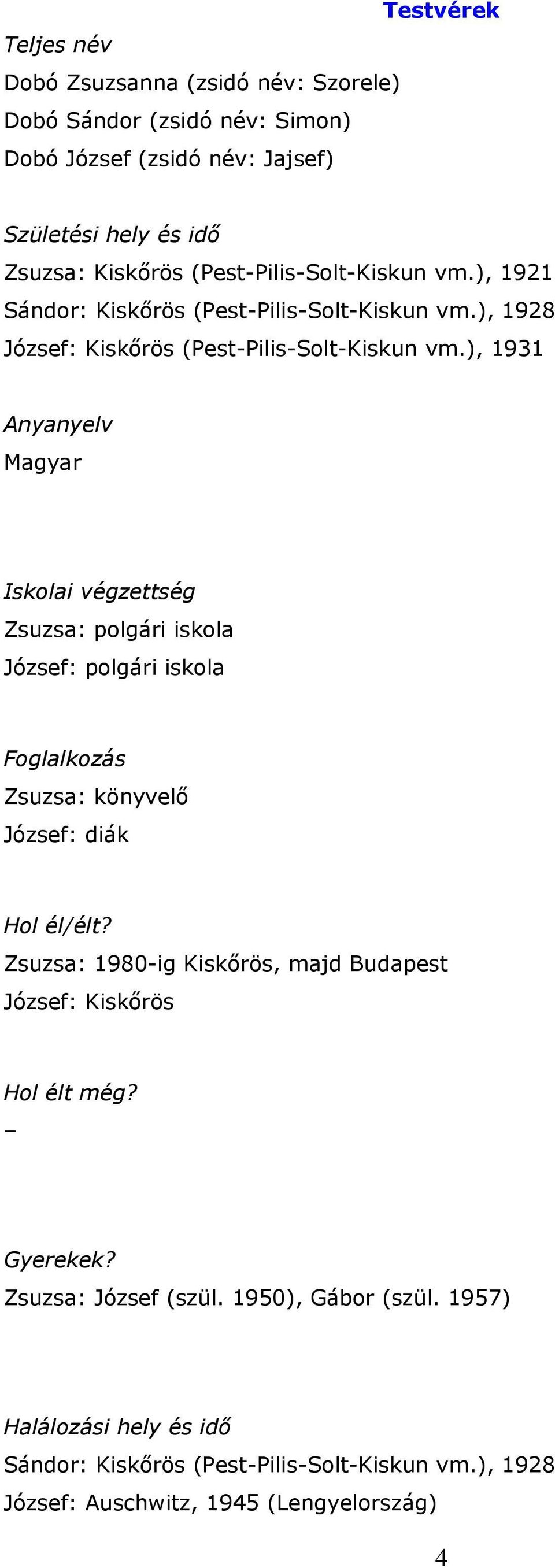 ), 1931 Anyanyelv Magyar Iskolai végzettség Zsuzsa: polgári iskola József: polgári iskola Foglalkozás Zsuzsa: könyvelő József: diák Hol él/élt?