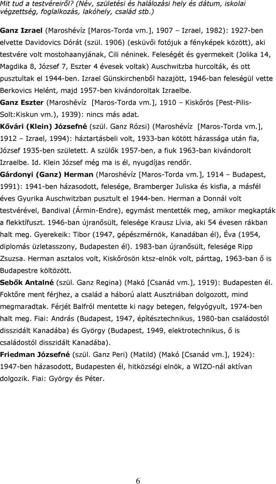 Feleségét és gyermekeit (Jolika 14, Magdika 8, József 7, Eszter 4 évesek voltak) Auschwitzba hurcolták, és ott pusztultak el 1944-ben.