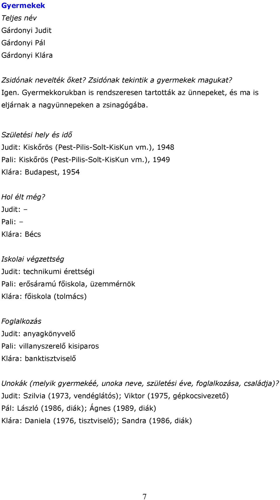 ), 1948 Pali: Kiskőrös (Pest-Pilis-Solt-KisKun vm.), 1949 Klára: Budapest, 1954 Hol élt még?