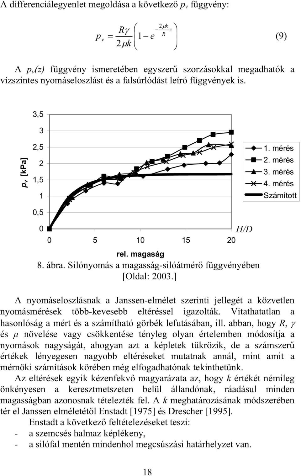 mérés Számított A nyomáseloszlásnak a Janssen-elmélet szerinti jellegét a közvetlen nyomásmérések több-kevesebb eltéréssel igazolták.