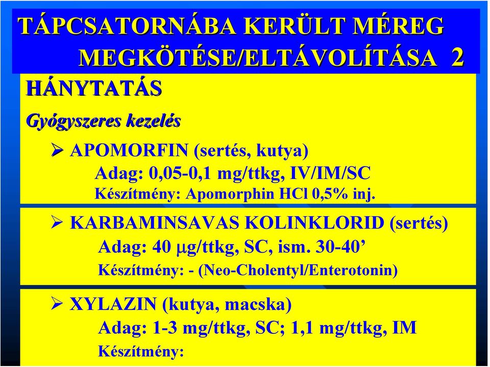 KARBAMINSAVAS KOLINKLORID (sertés) Adag: 40 μg/ttkg, SC, ism.