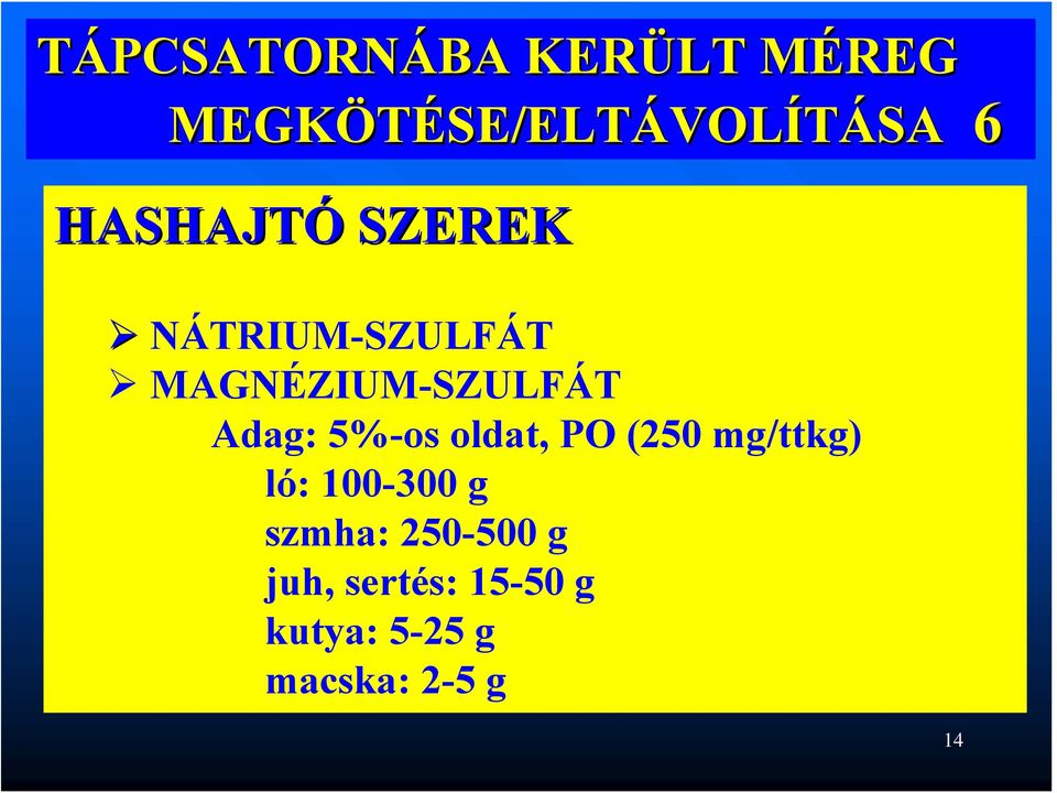 Adag: 5%-os oldat, PO (250 mg/ttkg) ló: 100-300 g