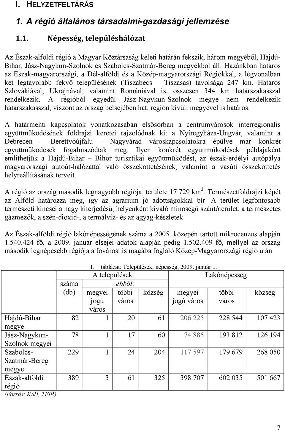 1. Népesség, településhálózat Az Észak-alföldi régió a Magyar Köztársaság keleti határán fekszik, három megyéből, Hajdú- Bihar, Jász-Nagykun-Szolnok és Szabolcs-Szatmár-Bereg megyékből áll.