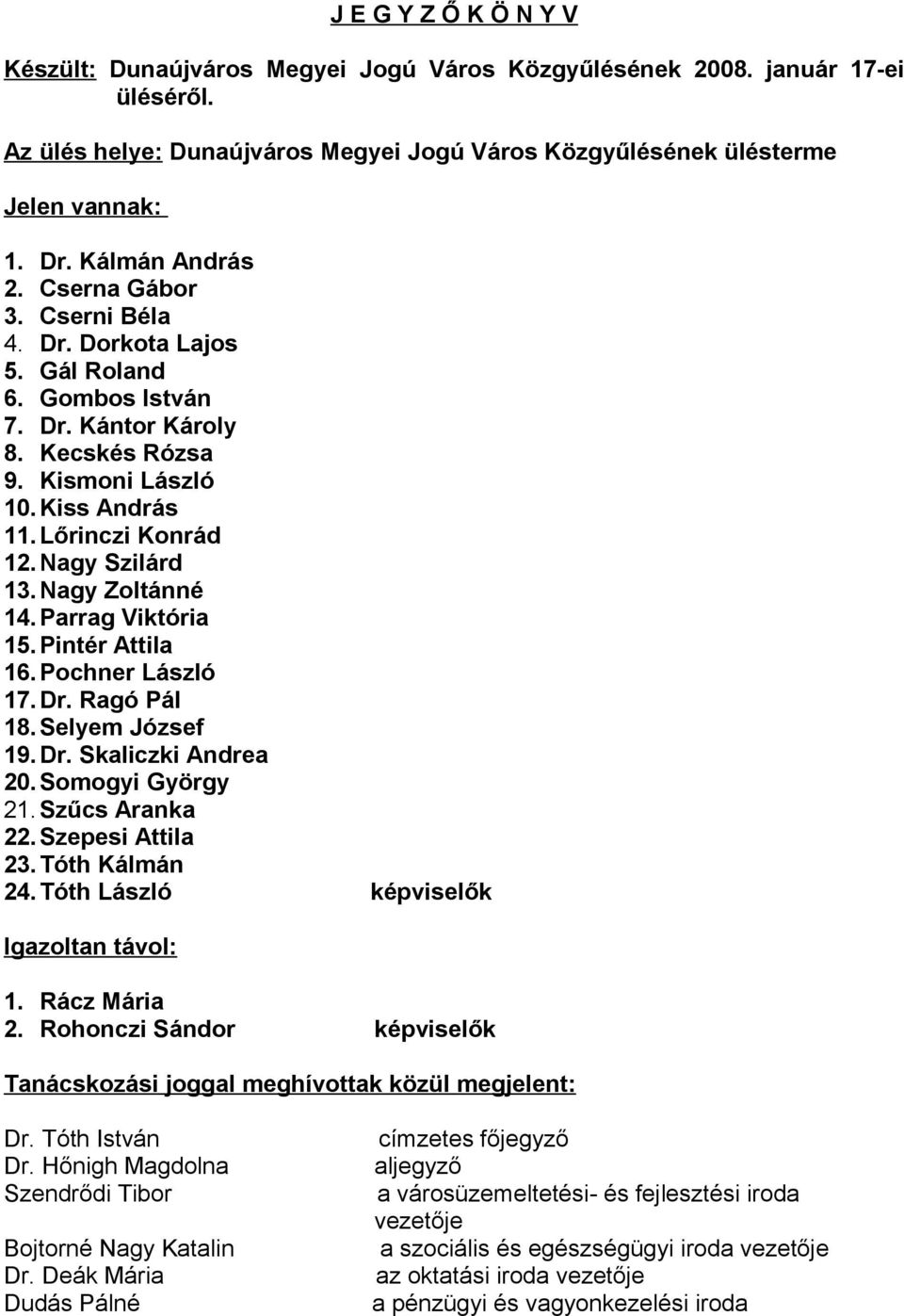 Nagy Szilárd 13. Nagy Zoltánné 14. Parrag Viktória 15. Pintér Attila 16. Pochner László 17.Dr. Ragó Pál 18. Selyem József 19. Dr. Skaliczki Andrea 20. Somogyi György 21. Szűcs Aranka 22.