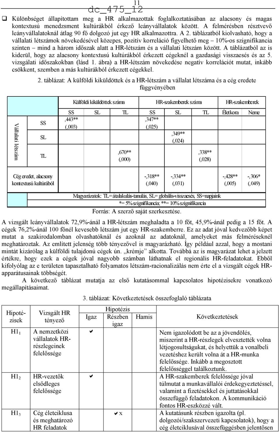 táblázatból kiolvasható, hogy a vállalati létszámok növekedésével közepes, pozitív korreláció figyelhető meg 10%-os szignifikancia szinten mind a három időszak alatt a HR-létszám és a vállalati