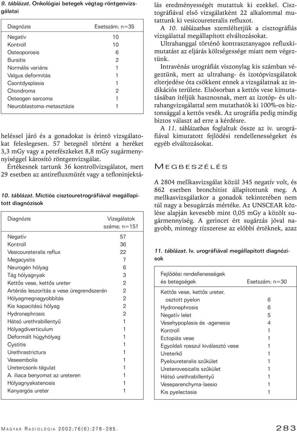 sarcoma 1 Neuroblastoma-metasztázis 1 10. táblázat.