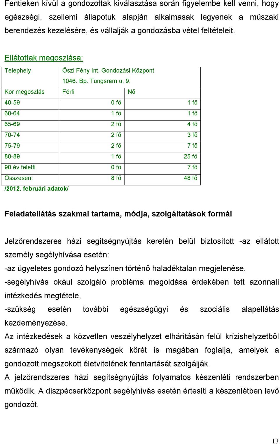 Kor megoszlás Férfi Nő 40-59 0 fő 1 fő 60-64 1 fő 1 fő 65-69 2 fő 4 fő 70-74 2 fő 3 fő 75-79 2 fő 7 fő 80-89 1 fő 25 fő 90 év feletti 0 fő 7 fő Összesen: 8 fő 48 fő /2012.