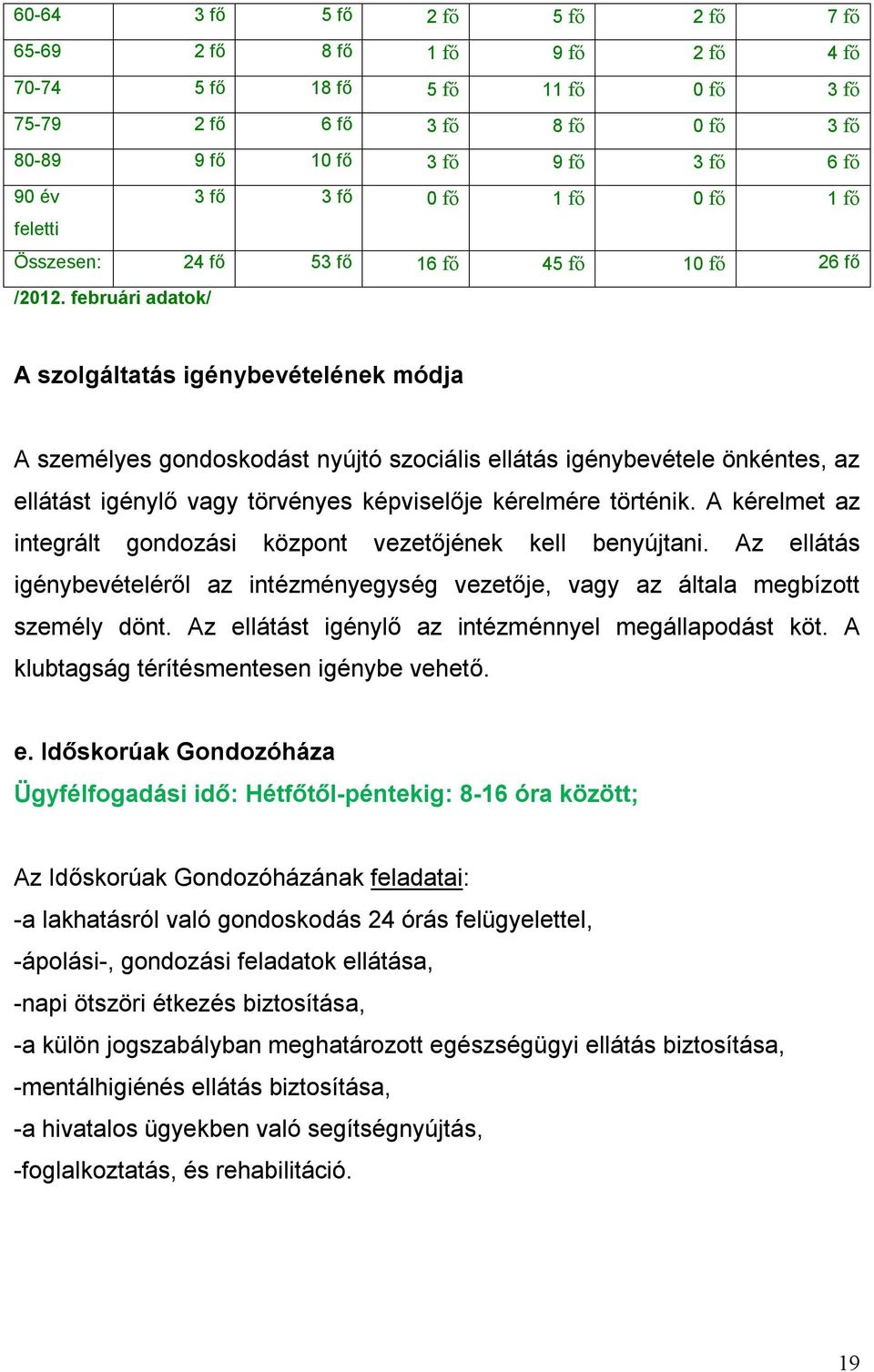 februári adatok/ A szolgáltatás igénybevételének módja A személyes gondoskodást nyújtó szociális ellátás igénybevétele önkéntes, az ellátást igénylő vagy törvényes képviselője kérelmére történik.