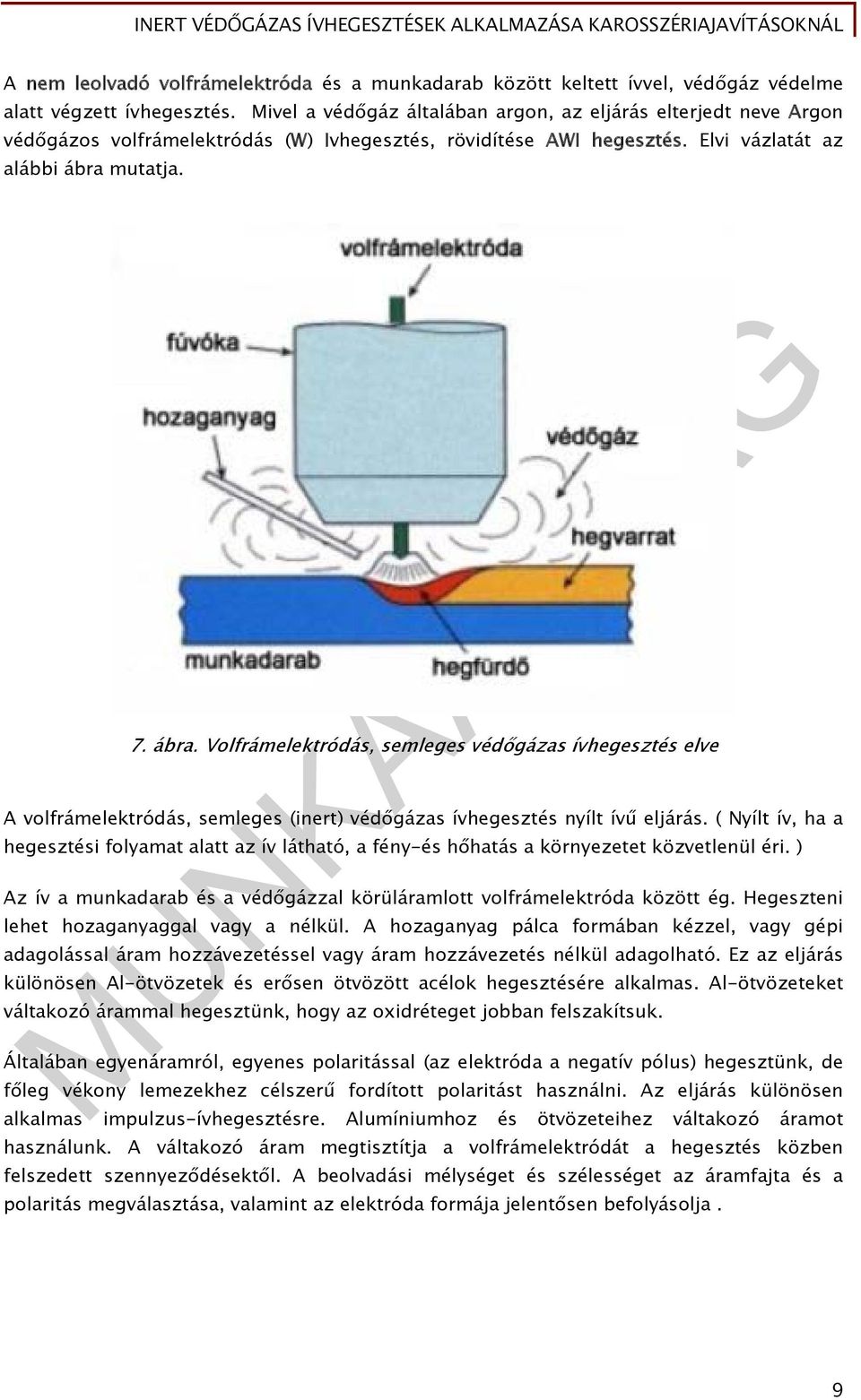 mutatja. 7. ábra. Volfrámelektródás, semleges védőgázas ívhegesztés elve A volfrámelektródás, semleges (inert) védőgázas ívhegesztés nyílt ívű eljárás.