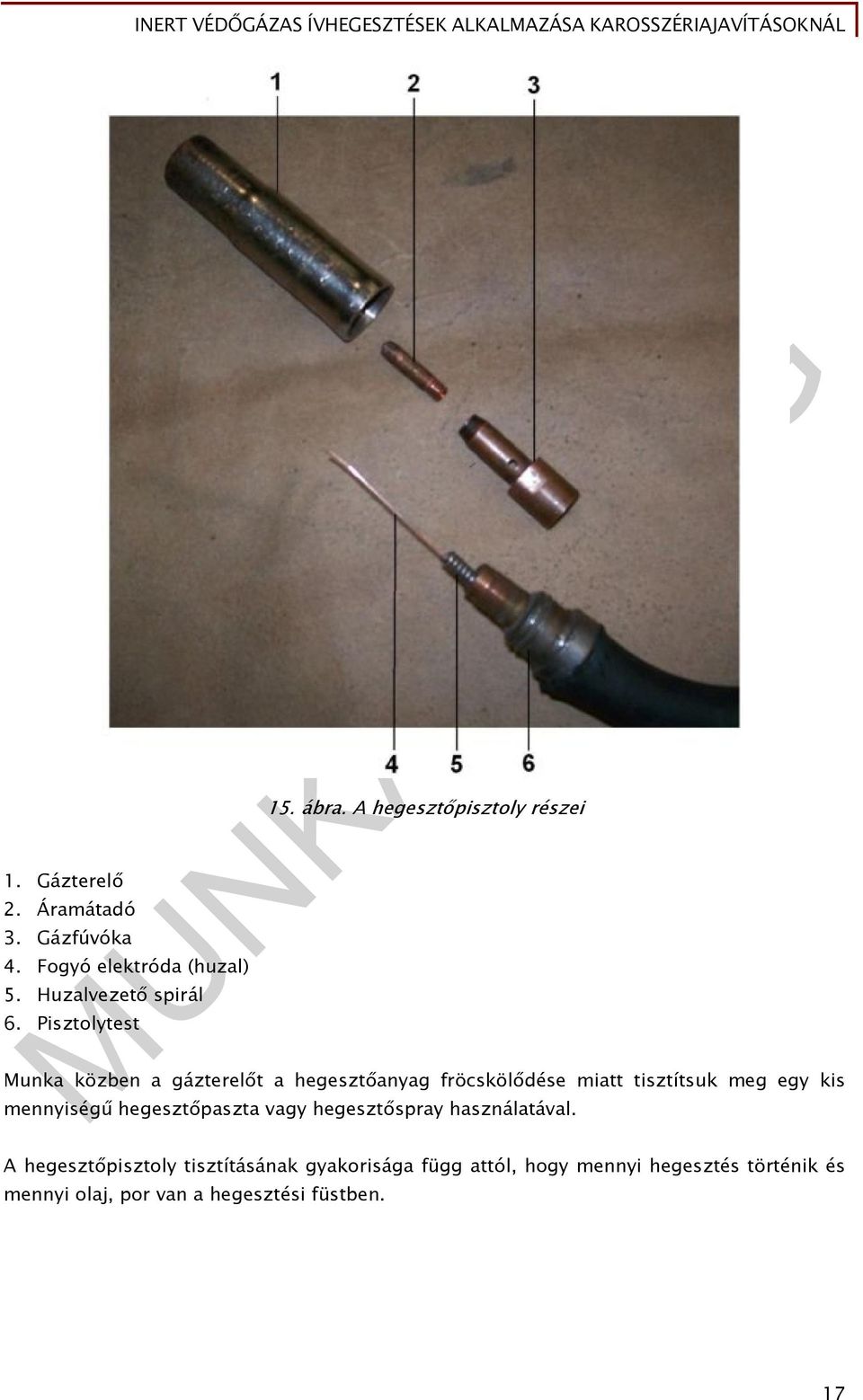A hegesztőpisztoly részei Munka közben a gázterelőt a hegesztőanyag fröcskölődése miatt tisztítsuk meg
