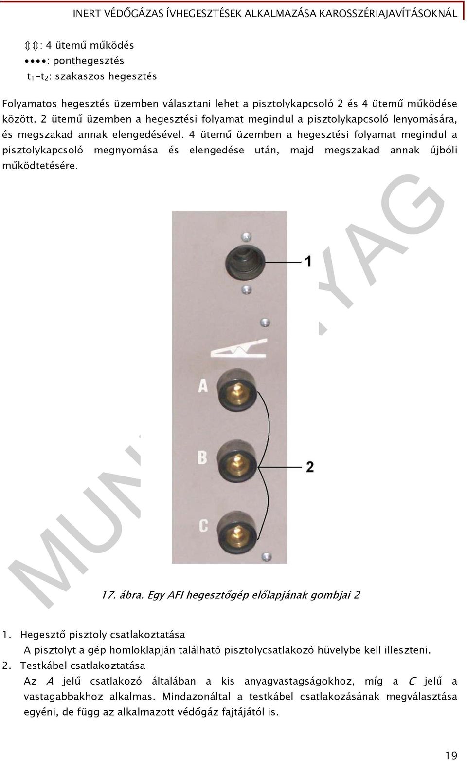 4 ütemű üzemben a hegesztési folyamat megindul a pisztolykapcsoló megnyomása és elengedése után, majd megszakad annak újbóli működtetésére. 17. ábra. Egy AFI hegesztőgép előlapjának gombjai 2 1.