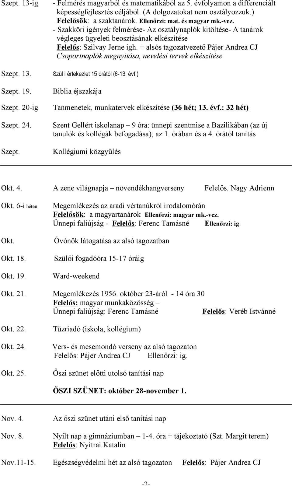 - Szakköri igények felmérése- Az osztálynaplók kitöltése- A tanárok végleges ügyeleti beosztásának elkészítése Felelős: Szilvay Jerne igh.