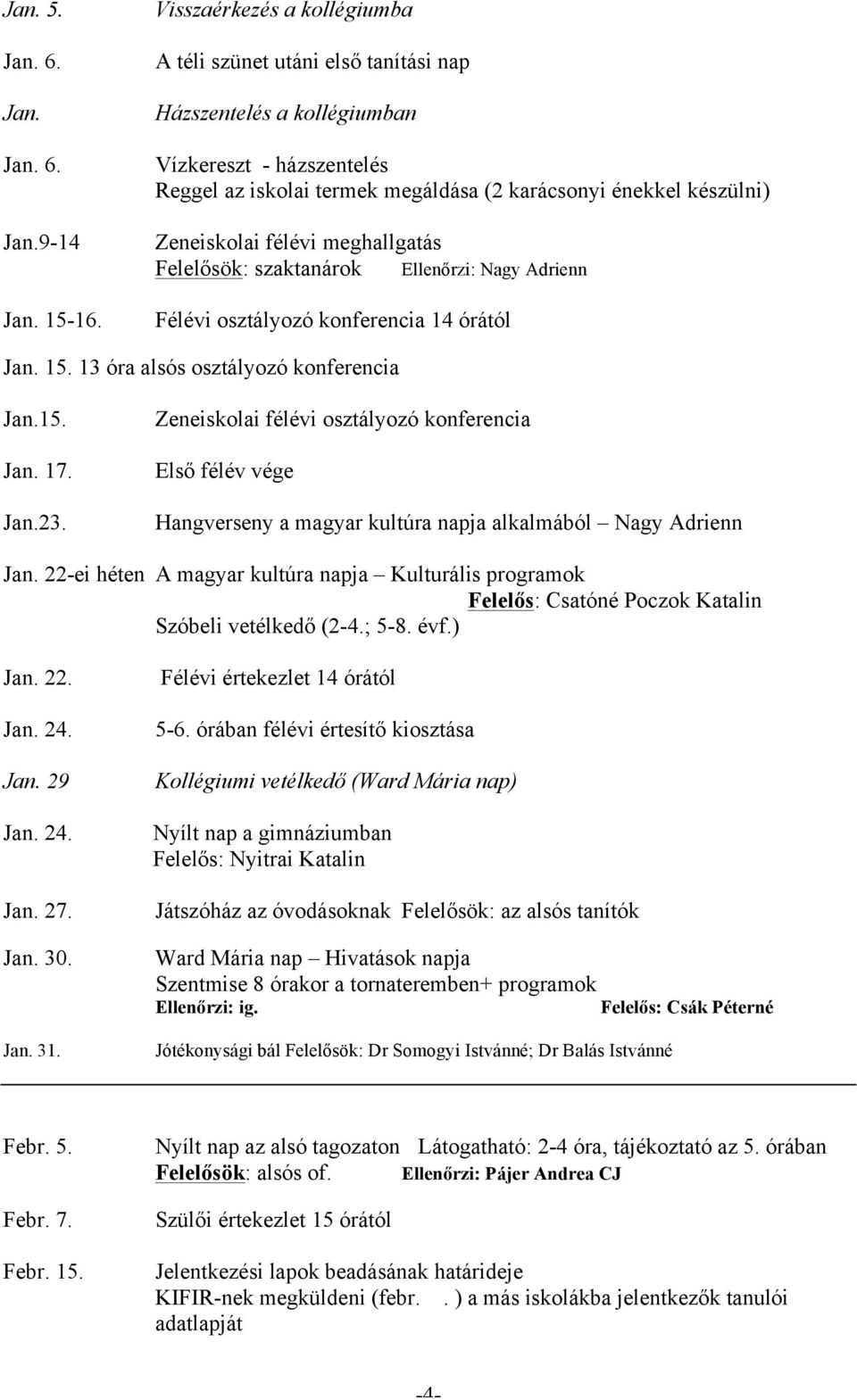 félévi meghallgatás Felelősök: szaktanárok Ellenőrzi: Nagy Adrienn Félévi osztályozó konferencia 14 órától Jan. 15. 13 óra alsós osztályozó konferencia Jan.15. Jan. 17. Jan.23.