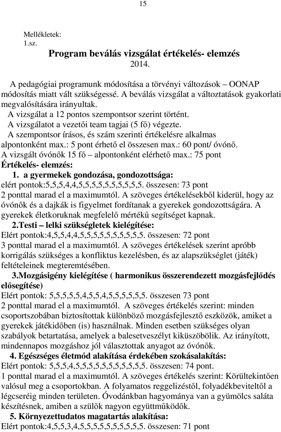 A szempontsor írásos, és szám szerinti értékelésre alkalmas alpontonként max.: 5 pont érhető el összesen max.: 60 pont/ óvónő. A vizsgált óvónők 15 fő alpontonként elérhető max.