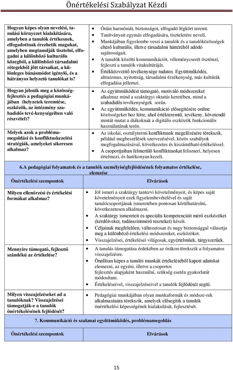 Hogyan jelenik meg a közösségfejlesztés a pedagógiai munkájában (helyzetek teremtése, eszközök, az intézmény szabadidős tevé-kenységeiben való részvétel)?