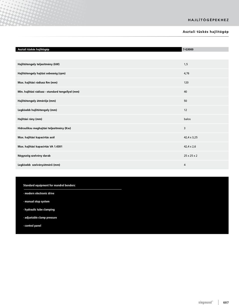 hajlítási rádiusz - standard tengellyel (mm) 40 Hajlítótengely átmérője (mm) 50 Legkisebb hajlítótengely (mm) 12 Hajlítási rány (mm) balos Hidrauliksu meghajtási