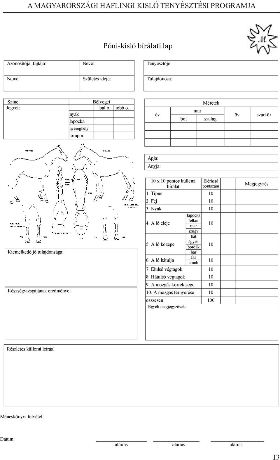 pontszám 1. Típus 10 2. Fej 10 3. Nyak 10 4. A ló eleje lapocka felkar mar szügy 10 5. A ló közepe hát ágyék bordák has 10 6. A ló hátulja far comb 10 7. Elülső végtagok 10 8.