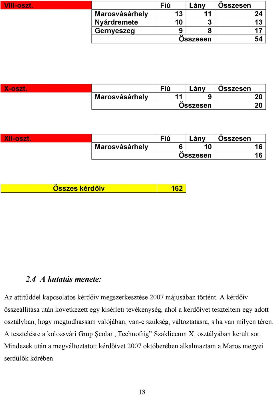 A kérdőív összeállítása után következett egy kísérleti tevékenység, ahol a kérdőívet teszteltem egy adott osztályban, hogy megtudhassam valójában, van-e szükség, változtatásra, s ha