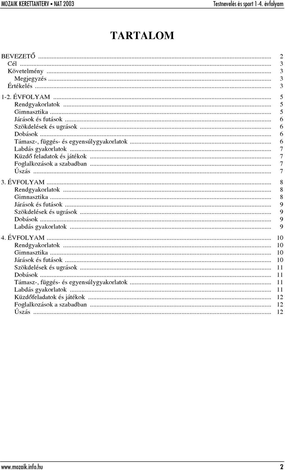 .. 8 Gimnasztika... 8 Járások és futások... 9 Szökdelések és ugrások... 9 Dobások... 9 Labdás gyakorlatok... 9 4. ÉVFOLYAM... 10 Rendgyakorlatok... 10 Gimnasztika... 10 Járások és futások.