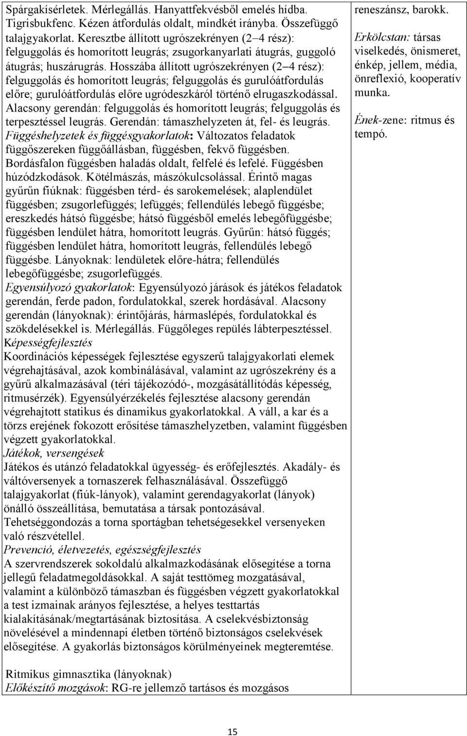 Hosszába állított ugrószekrényen (2 4 rész): felguggolás és homorított leugrás; felguggolás és gurulóátfordulás előre; gurulóátfordulás előre ugródeszkáról történő elrugaszkodással.