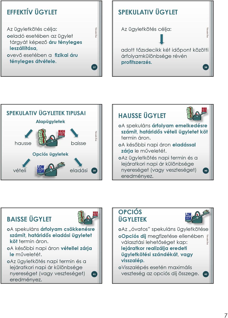 38 SPEKULATIV ÜGYLETEK TIPUSAI Alapügyletek hausse baisse Opciós ügyletek vételi eladási 39 HAUSSE ÜGYLET A spekuláns árfolyam emelkedésre számít, határidıs vételi ügyletet köt termin áron.