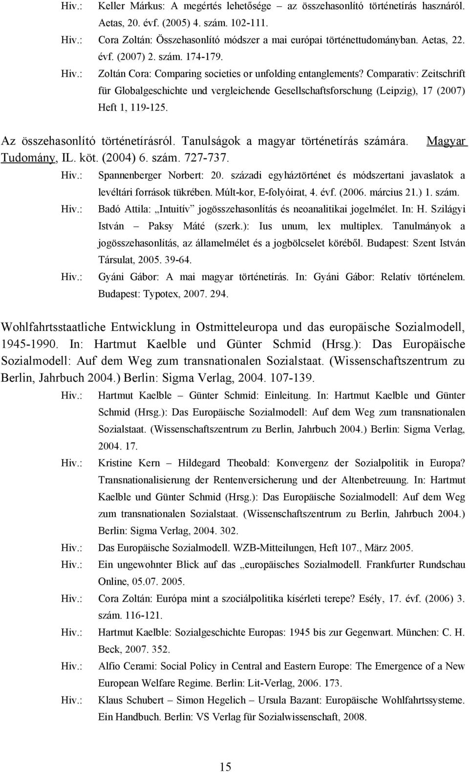 Comparativ: Zeitschrift für Globalgeschichte und vergleichende Gesellschaftsforschung (Leipzig), 17 (2007) Heft 1, 119-125. Az összehasonlító történetírásról. Tanulságok a magyar történetírás számára.