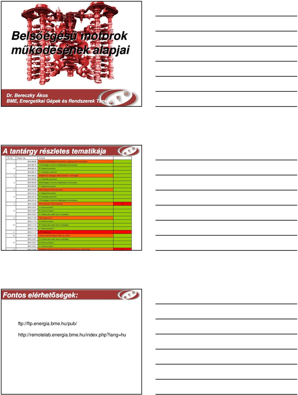 09.29 A: Számítási gyakorlat 4 2015.09.29 B:Belsőégésű motorokfelépítésénekbemutatása 2015.09.29 C: Fékpadi bemutató 5 2015.10.06 Otto motorok, Diesel motorok. 2015.10.13 A: Fékpadibemutató 6 2015.10.13 B: Számítási gyakorlat 2015.