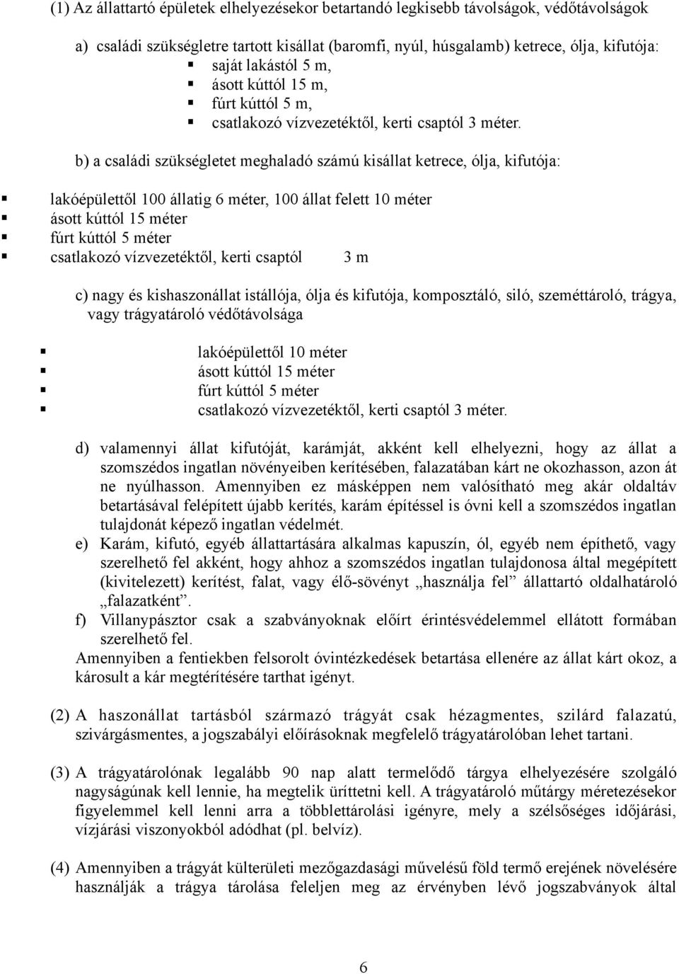 b) a családi szükségletet meghaladó számú kisállat ketrece, ólja, kifutója: lakóépülettől 100 állatig 6 méter, 100 állat felett 10 méter ásott kúttól 15 méter fúrt kúttól 5 méter csatlakozó