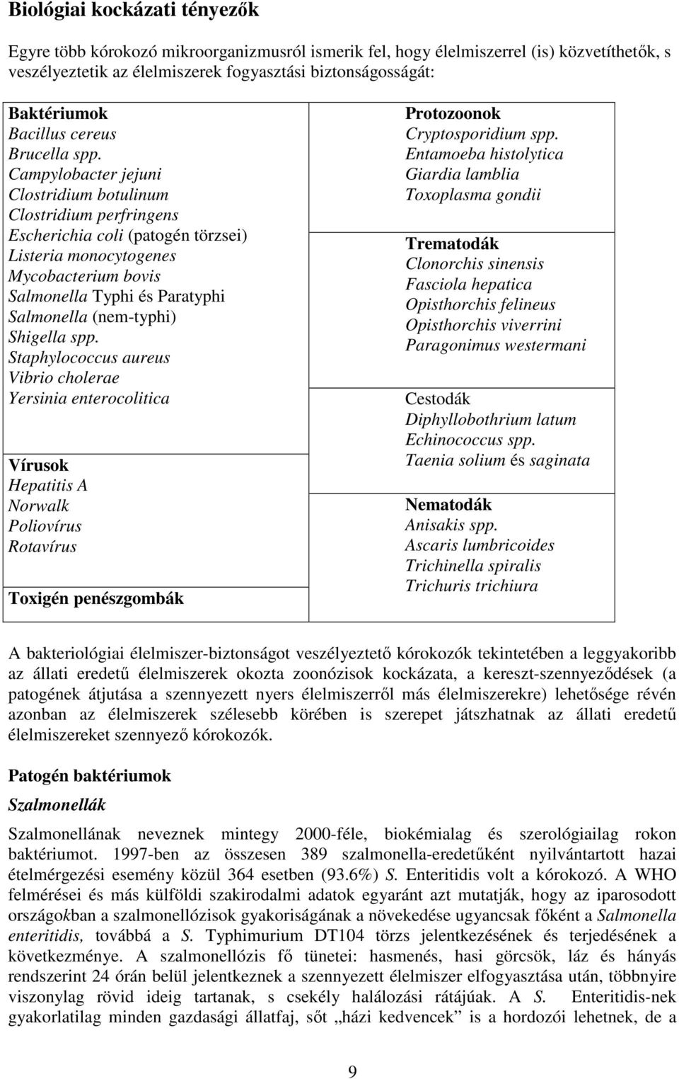 Campylobacter jejuni Clostridium botulinum Clostridium perfringens Escherichia coli (patogén törzsei) Listeria monocytogenes Mycobacterium bovis Salmonella Typhi és Paratyphi Salmonella (nem-typhi)