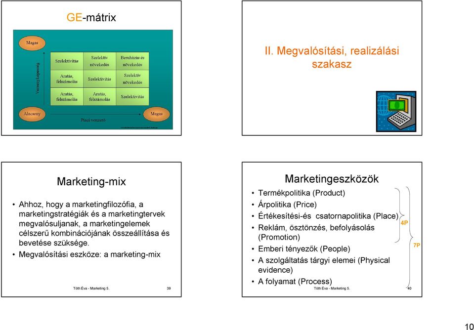 kombinációjának összeállítása és bevetése szüksége. Megvalósítási eszköze: a marketing-mix Tóth Éva - Marketing 5.