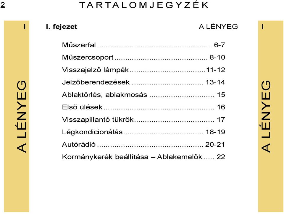 .. 13-14 Ablaktörlés, ablakmosás... 15 Első ülések... 16 Visszapillantó tükrök.