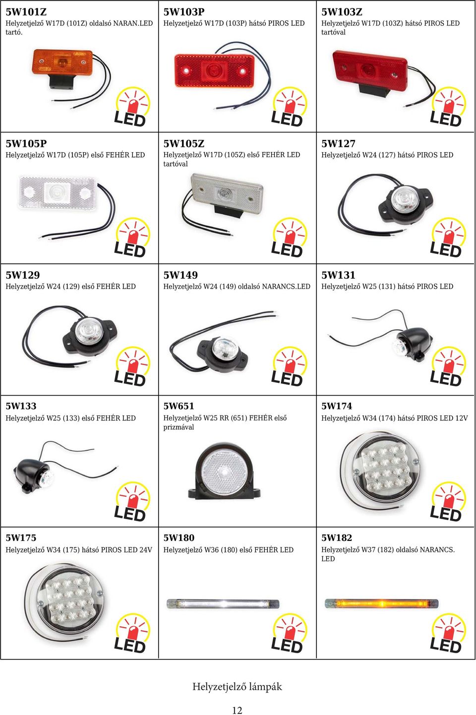 FEHÉR LED tartóval 5W127 Helyzetjelző W24 (127) hátsó PIROS LED 5W129 Helyzetjelző W24 (129) első FEHÉR LED 5W149 Helyzetjelző W24 (149) oldalsó NARANCS.