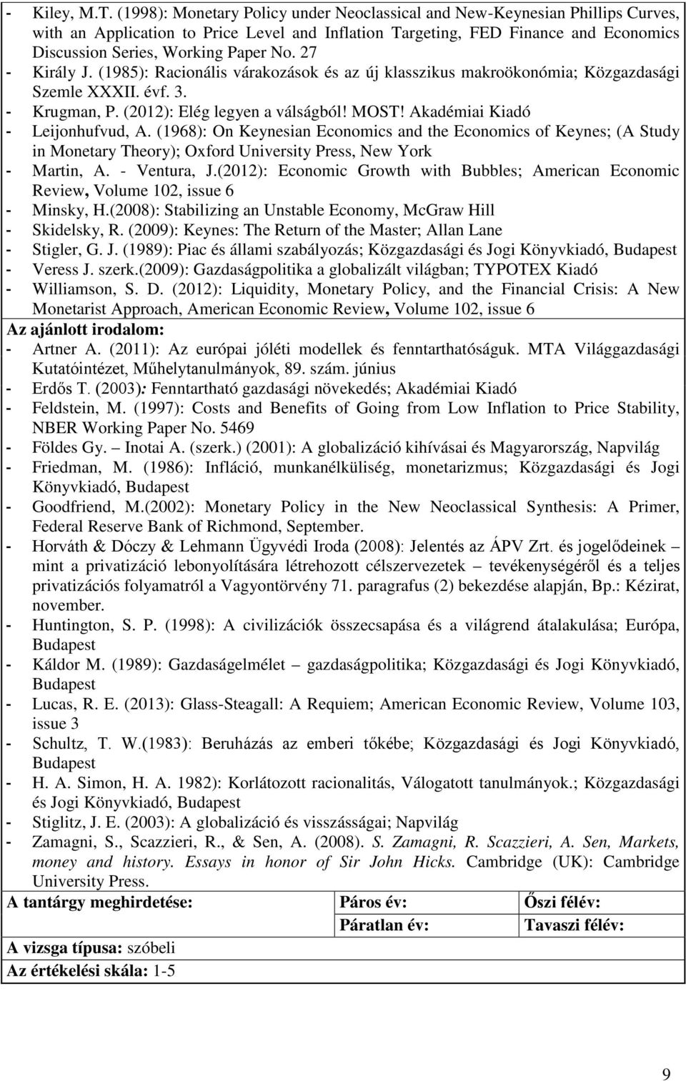 27 - Király J. (1985): Racionális várakozások és az új klasszikus makroökonómia; Közgazdasági Szemle XXXII. évf. 3. - Krugman, P. (2012): Elég legyen a válságból! MOST!