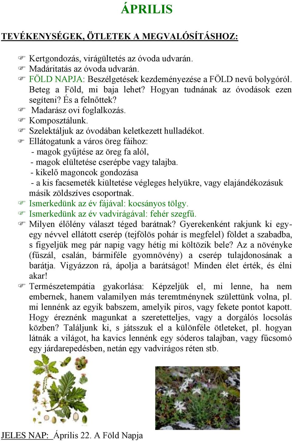 - kikelő magoncok gondozása - a kis facsemeték kiültetése végleges helyükre, vagy elajándékozásuk másik zöldszíves csoportnak. Ismerkedünk az év fájával: kocsányos tölgy.